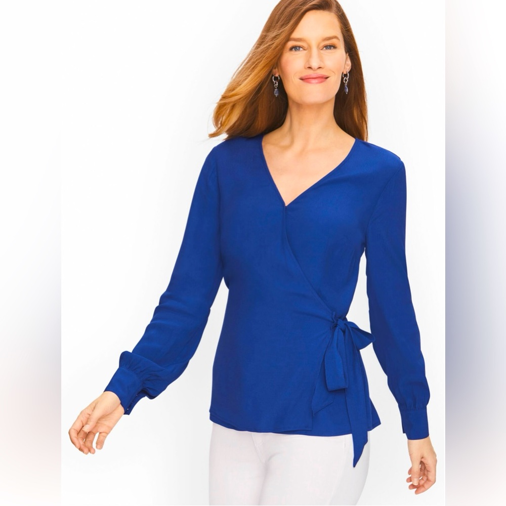 TALBOTS Long Sleeve Blue Wrap Sash Blouse | Size Small